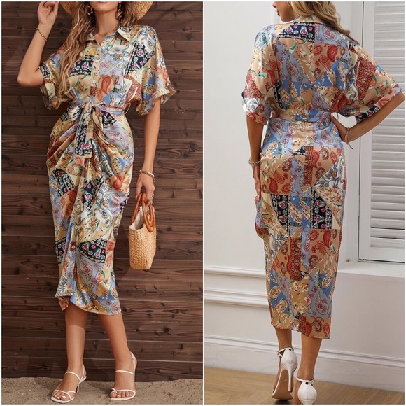 Boho Paisley Print Button up satin Dress - Picture 3 of 3